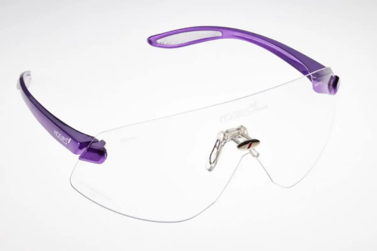 Close-up of safety glasses with clear optical lens and protective frame