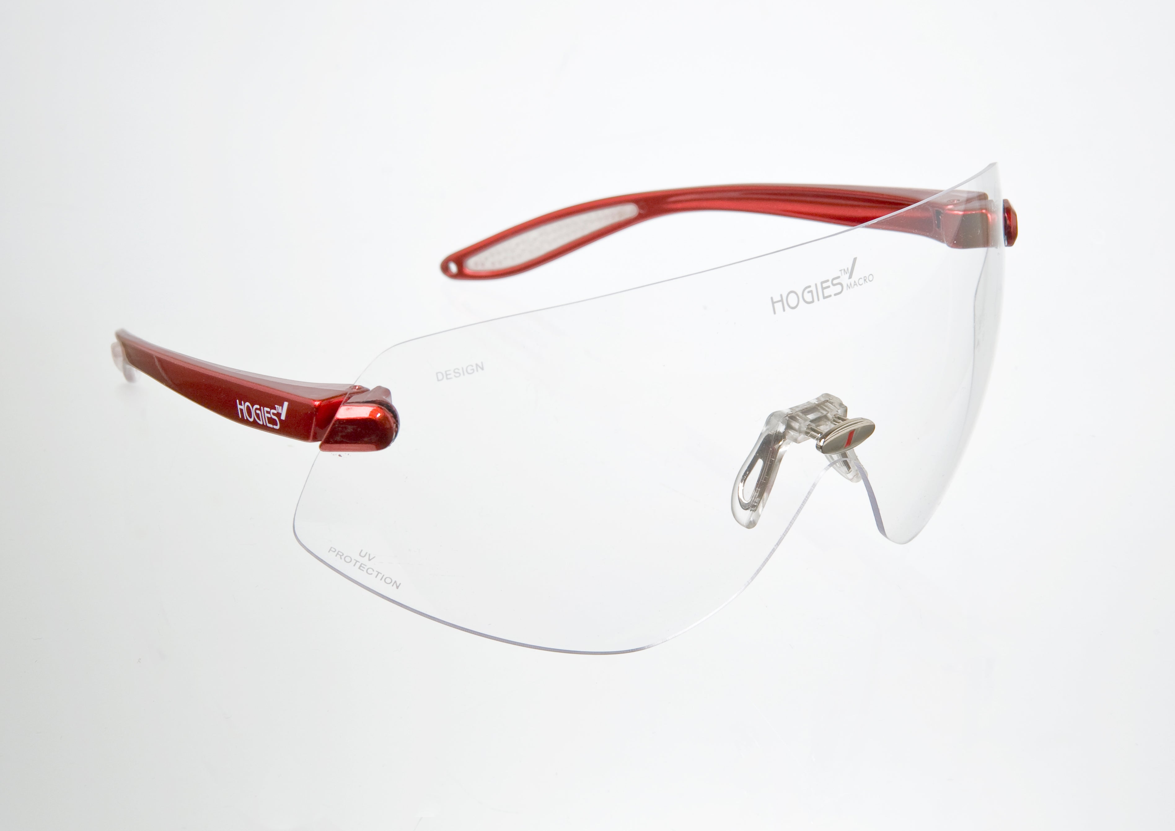 Clear safety glasses with a pink frame. The glasses are designed for large head shapes and meet low impact requirements of AS/NZS 1337.