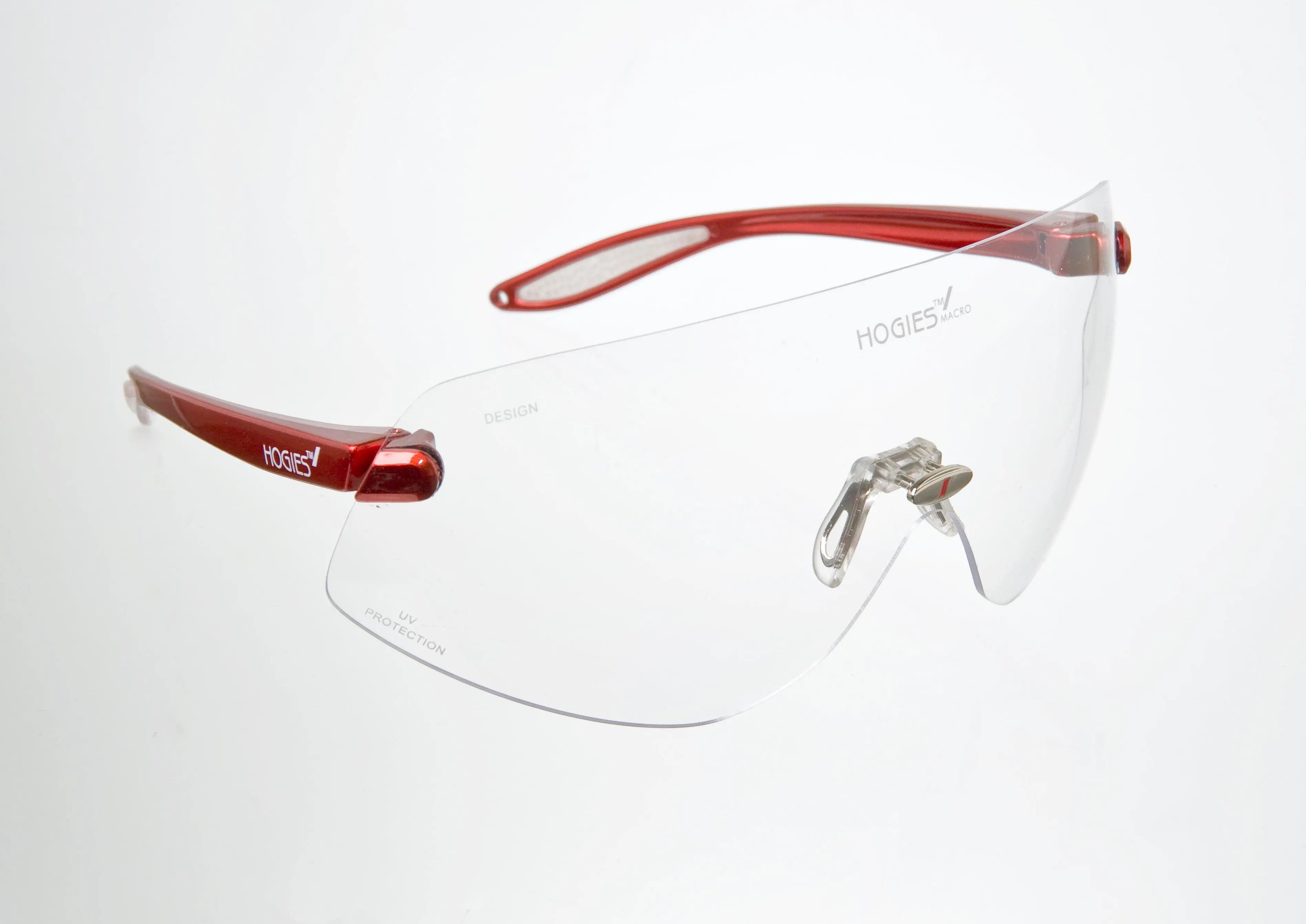 Clear safety glasses with a pink frame. The glasses are designed for large head shapes and meet low impact requirements of AS/NZS 1337.