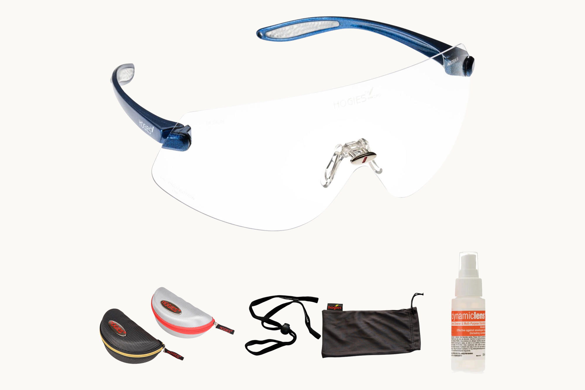 EyeGuard Complete Kit laid out, safety glasses with hard case, glove-fit cord, microfibre pouch and lens cleaner