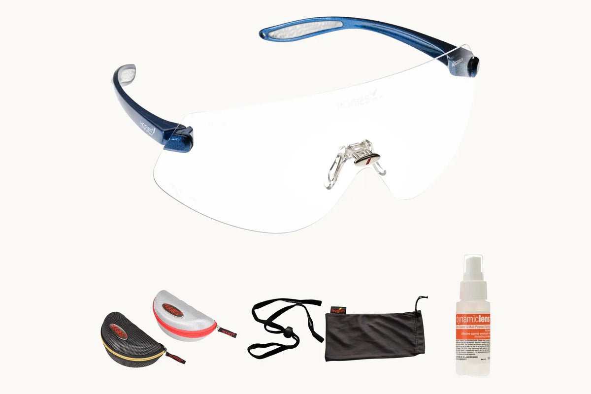 EyeGuard Complete Kit laid out, safety glasses with hard case, glove-fit cord, microfibre pouch and lens cleaner
