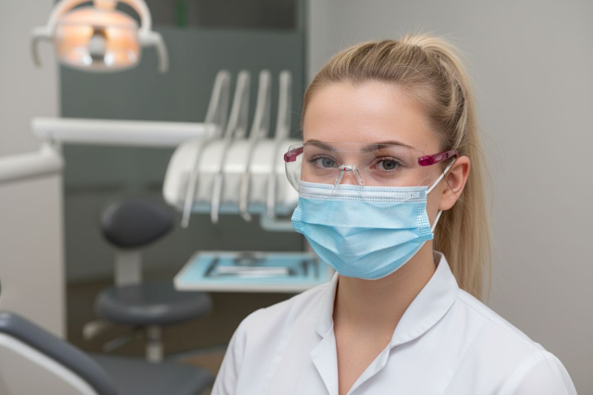 Dental nurse wearing AS/NZS 1337 certified safety glasses in clinic
