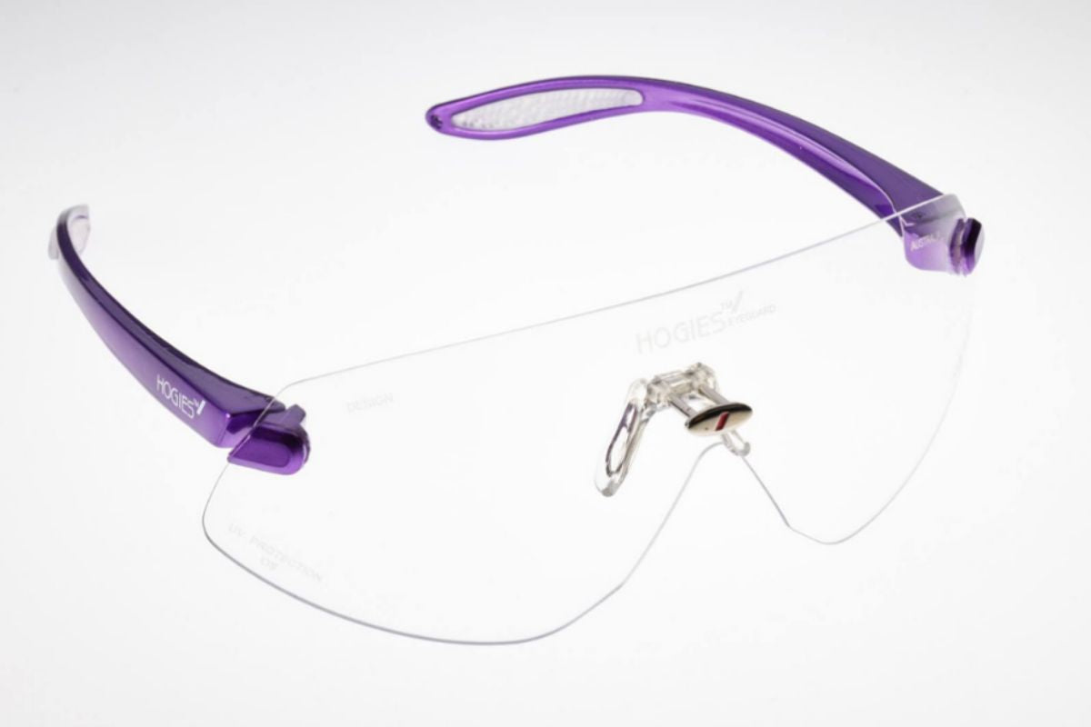 Close-up of safety glasses with clear optical lens and protective frame