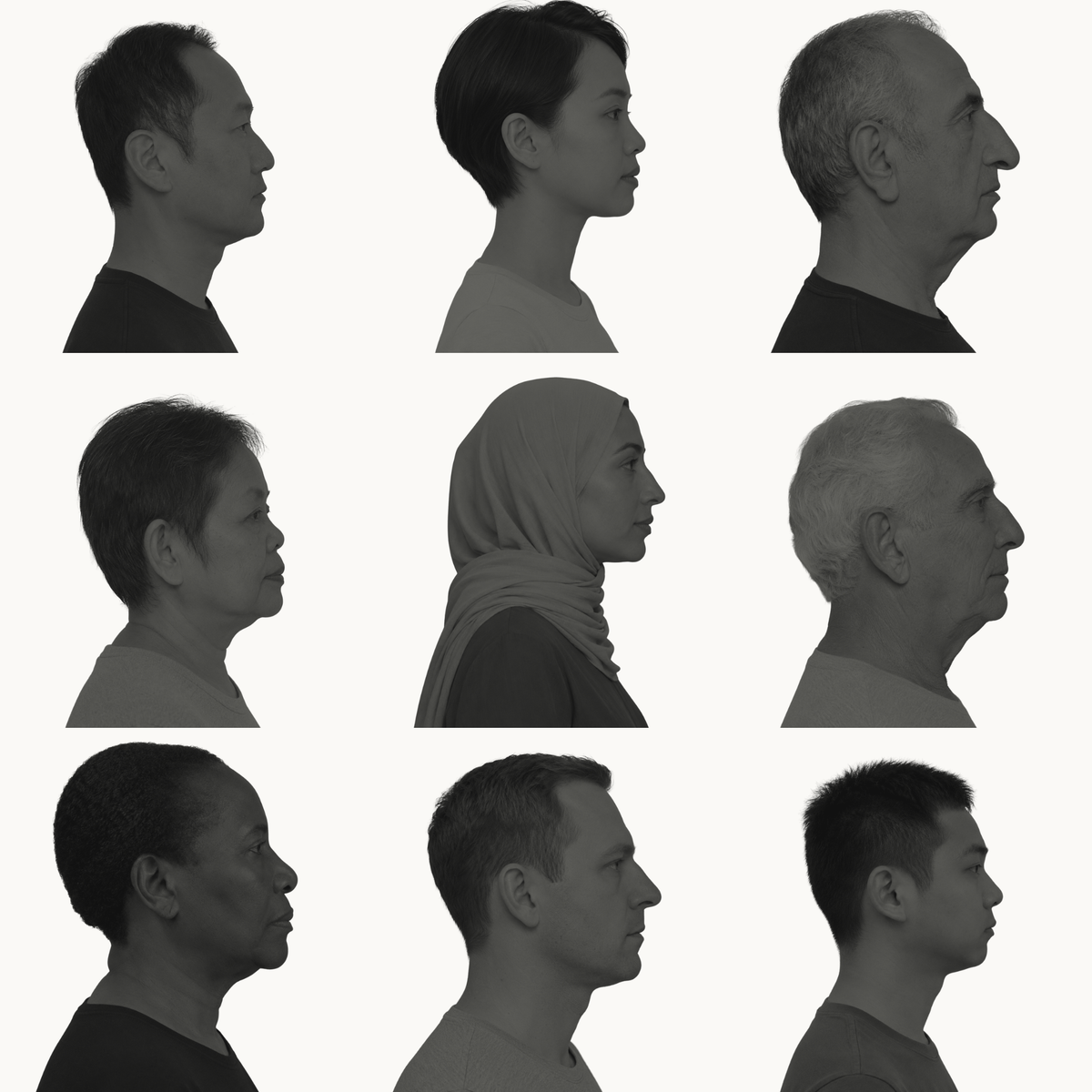 Silhouettes of low and high nose bridge profiles, no two the same