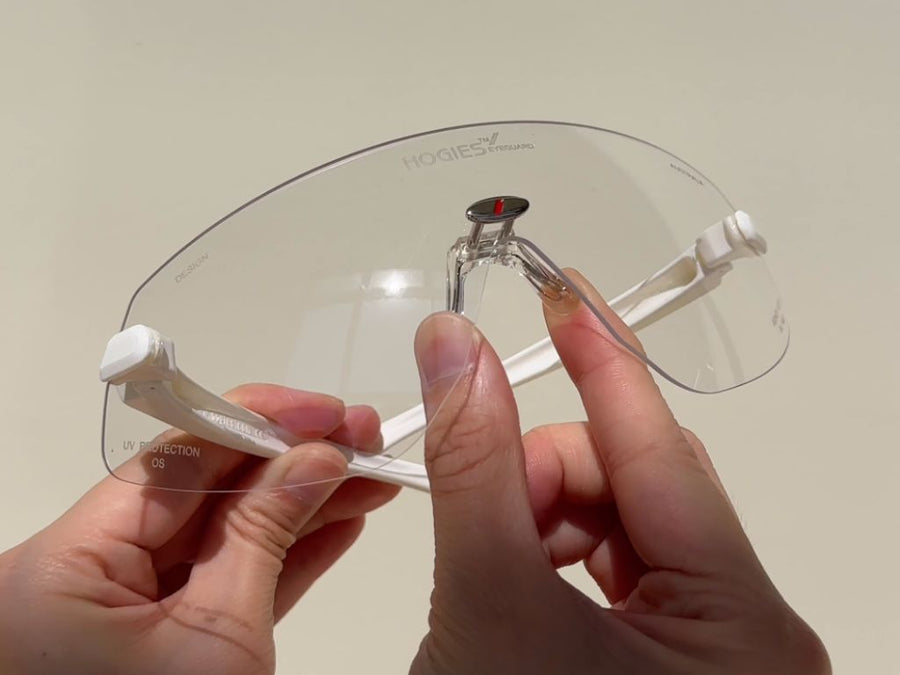 Fingers squeezing the silicone nose bridge of Hogies EyeGuard glasses to adjust the fit