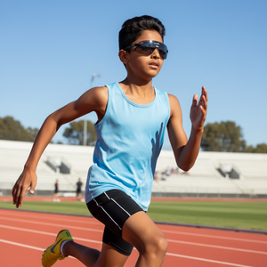 Teenage boy running on a track wearing Hogies Sports Glasses .