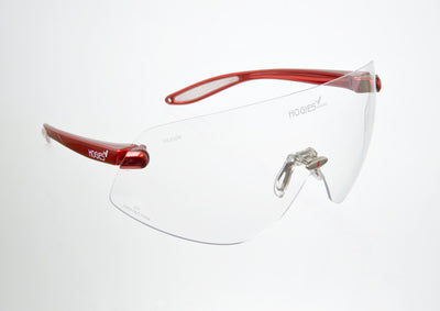 Clear safety glasses with a pink frame. The glasses are designed for large head shapes and meet low impact requirements of AS/NZS 1337.