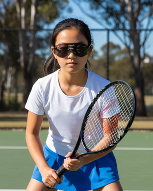 Young girl wearing Hogies Sports Eyewear playing tennis.