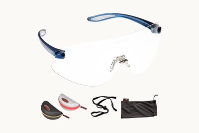 EyeGuard Essentials Kit laid out, safety glasses with hard case, glove-fit cord and microfibre pouch