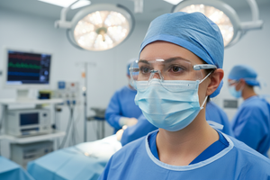 Operating theatre nurse wearing Hogies EyeGuard safety glasses